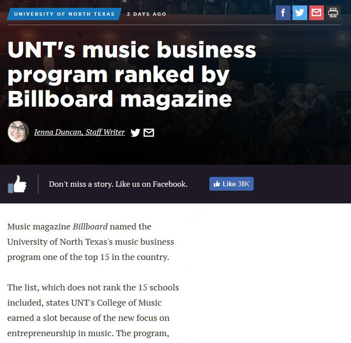 Snippet from news article from denton record chronicle on UNT college of music business program ranking with billboard magazine